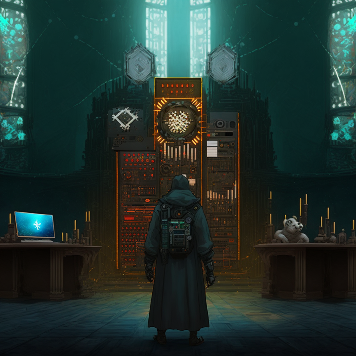 Hooded figure, carrying a futuristic laptop on his back, standing in front of an altar made out of servers.
